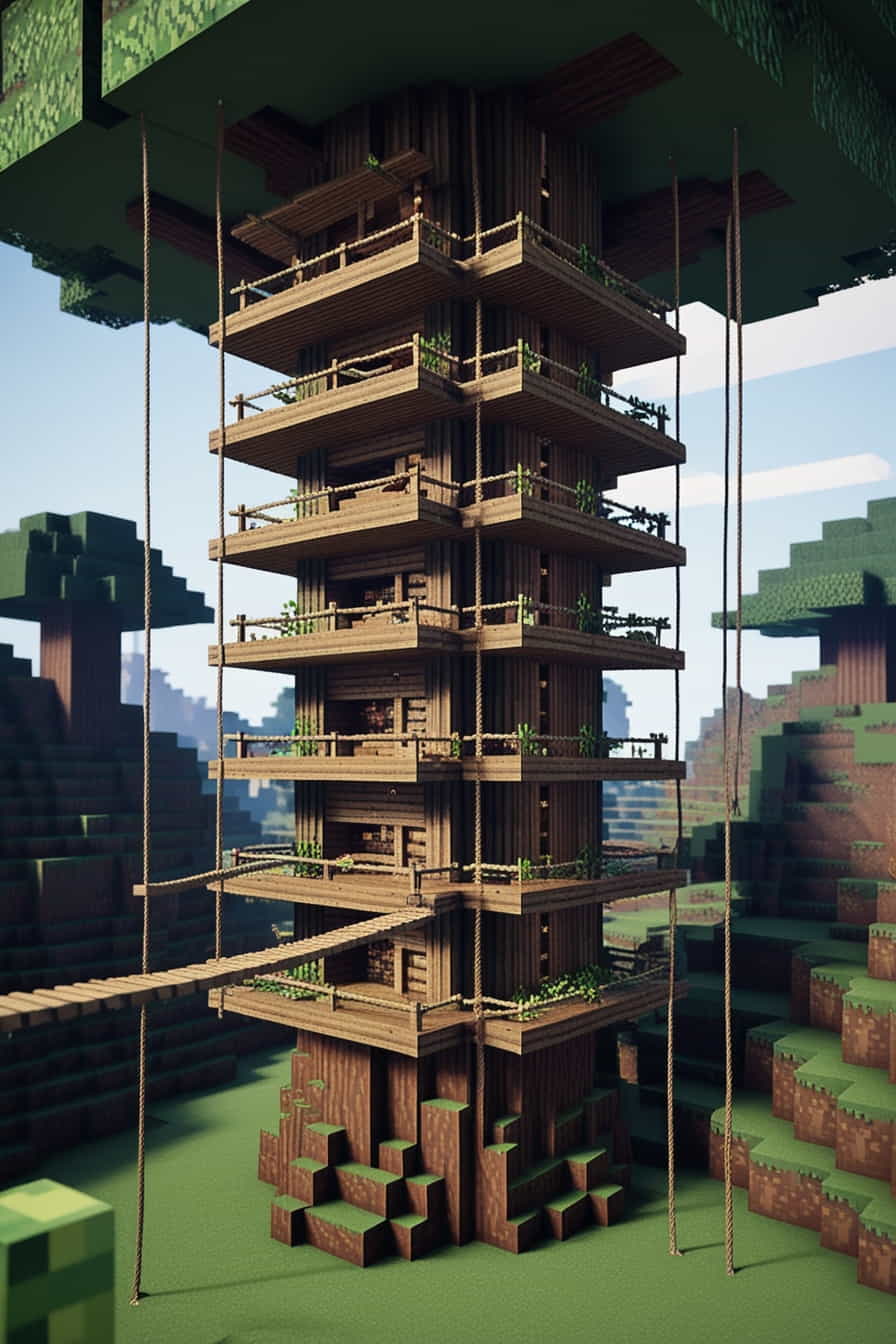 combine the concepts of a treehouse and a minecraft 3 