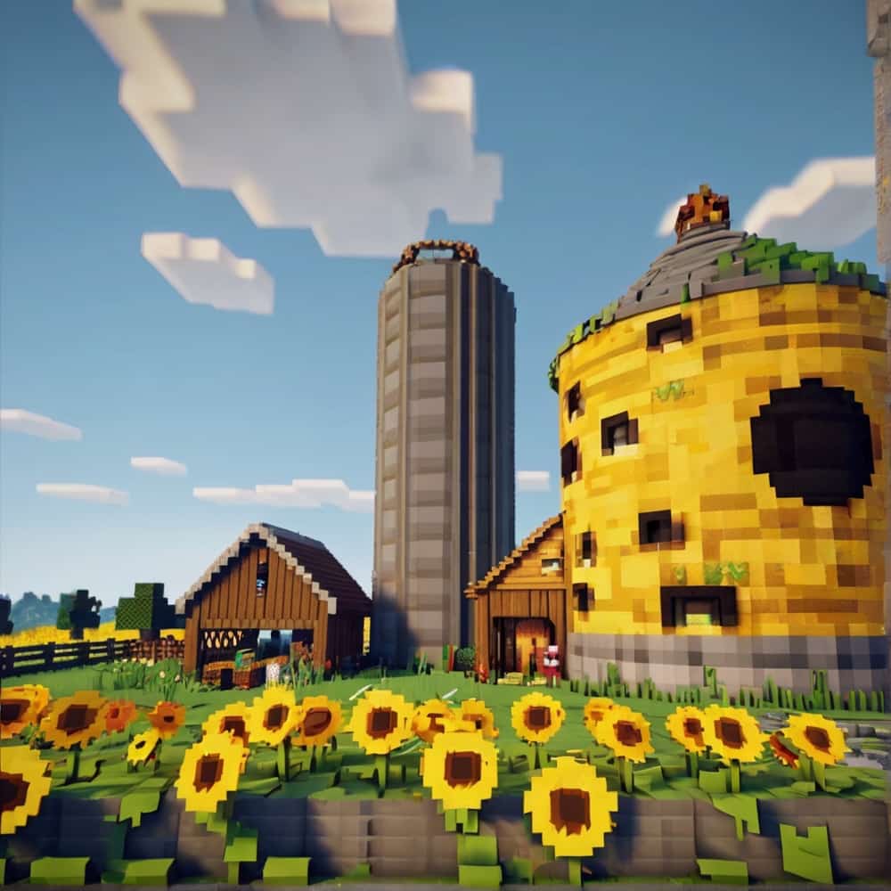     cute minecraft barn around a central silo decorated with yellow wool to mimic sunflowers 1 