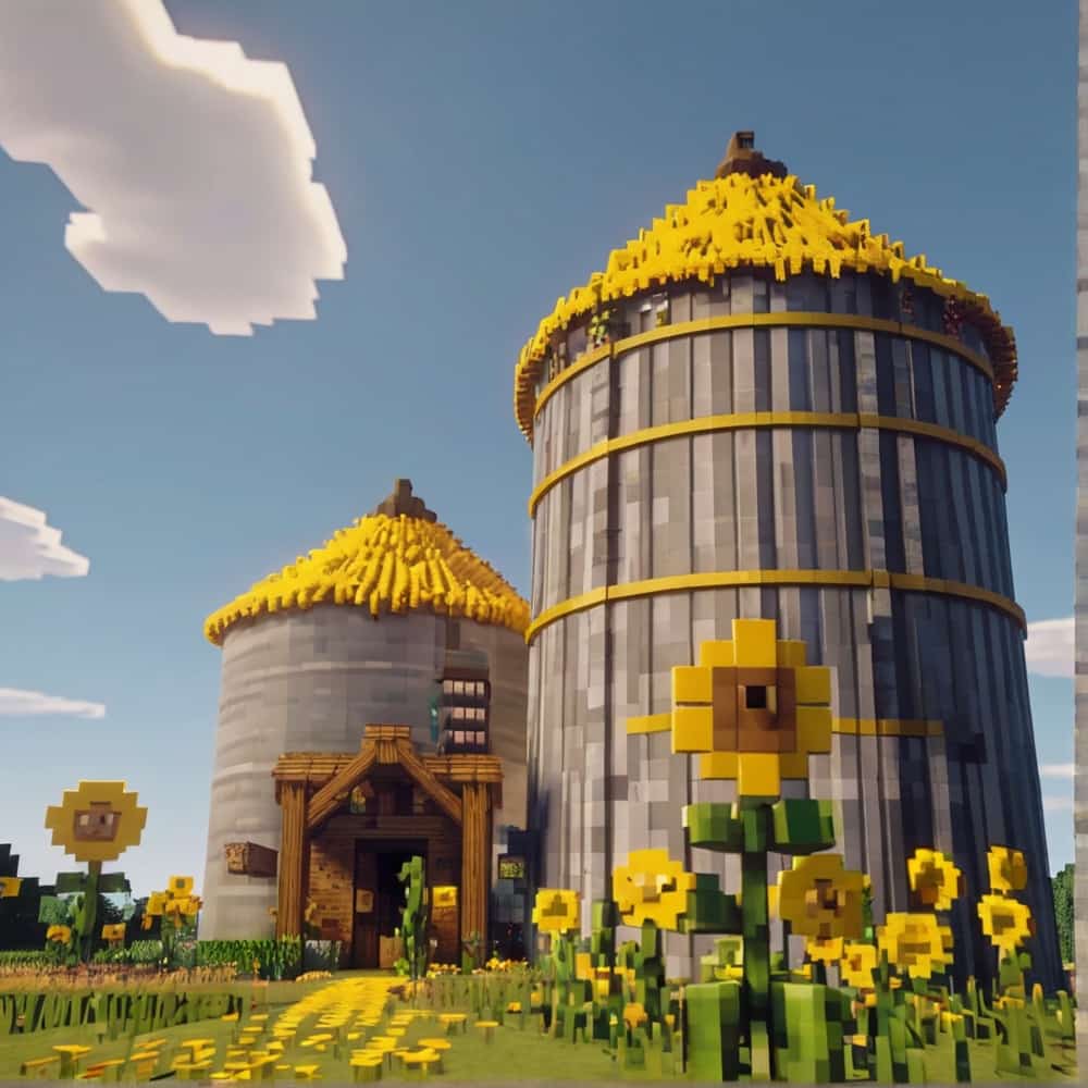 cute minecraft barn around a central silo decorated with yellow wool to mimic sunflowers 2 