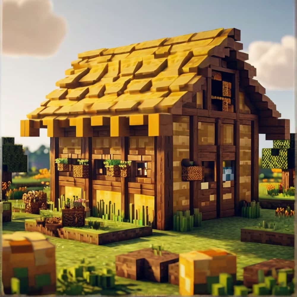 cute minecraft barn with a thatched roof using yellow and brown wool 2 