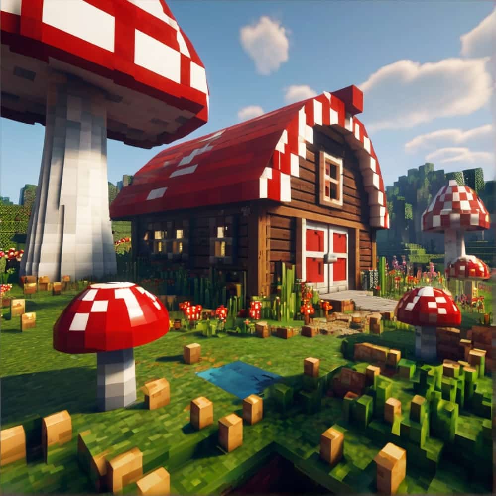     cute minecraft barn with giant red and white mushroom 2 