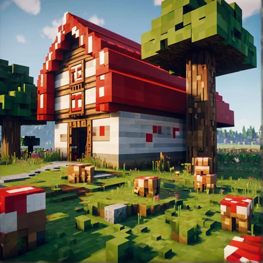     cute minecraft barn with giant red and white mushroom 