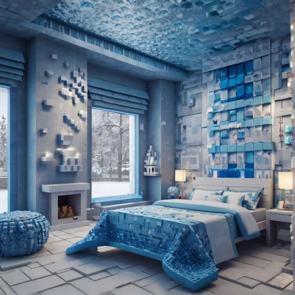 cute minecraft bedroom in a frosty feel with iceblock wall 1 