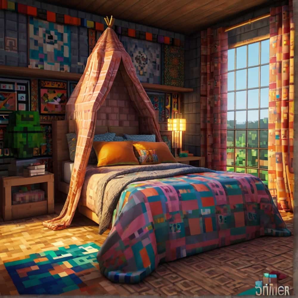     cute minecraft bedroom with a mix of colorful patterns 