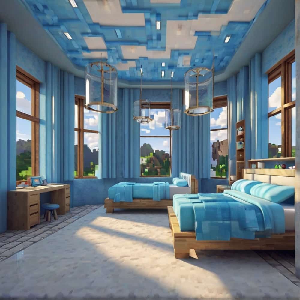     cute minecraft bedroom with a skyhigh retreat with walls of light blue wool and clouds painted on the ceiling 1 