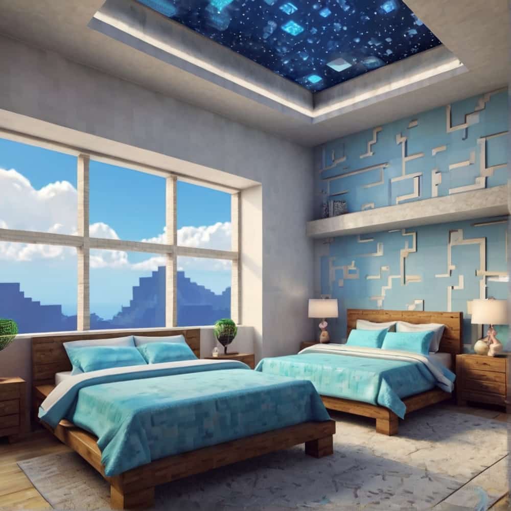     cute minecraft bedroom with a skyhigh retreat with walls of light blue wool and clouds painted on the ceiling 2 