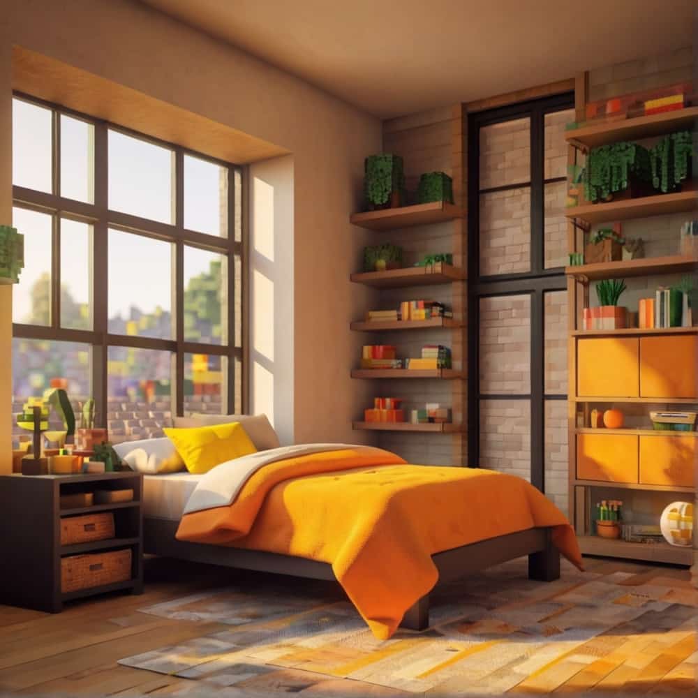 cute minecraft bedroom with large glass windows and a color palette of soft oranges and yellows 1 