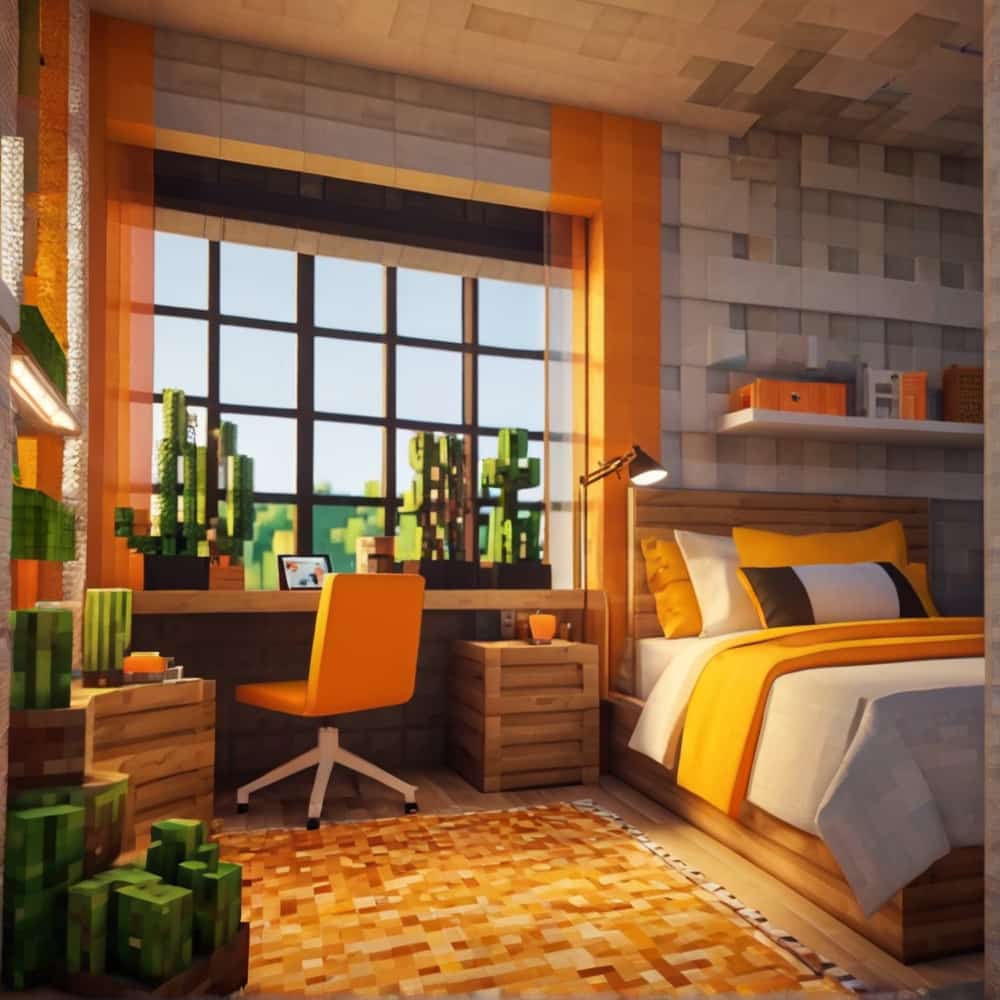     cute minecraft bedroom with large glass windows and a color palette of soft oranges and yellows 2 