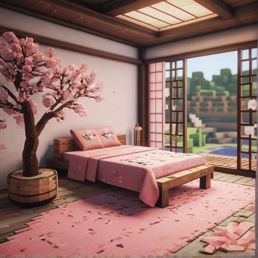         cute minecraft bedroom with pink wool and cherry bloss 