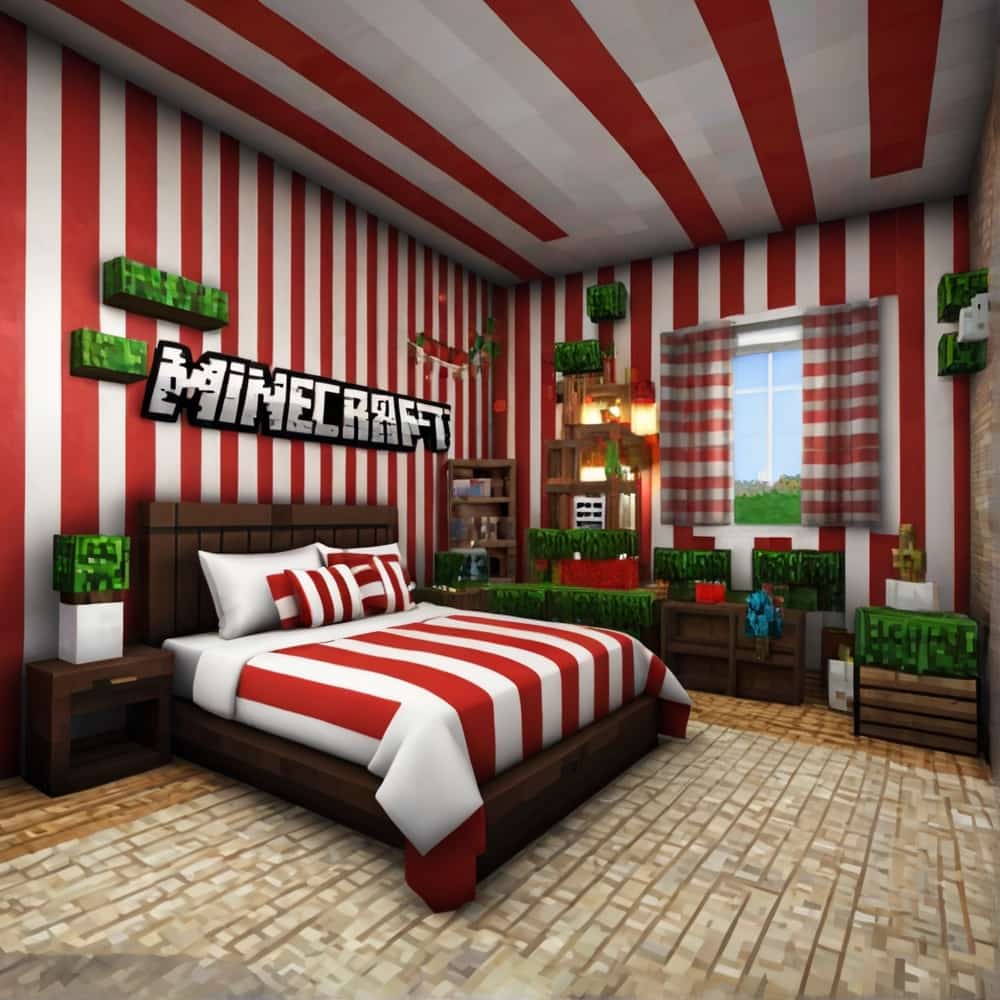 cute minecraft bedroom with red and white striped wall