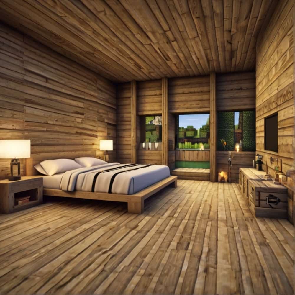         cute minecraft bedroom with stripped oak wood for the flooring and walls 1 