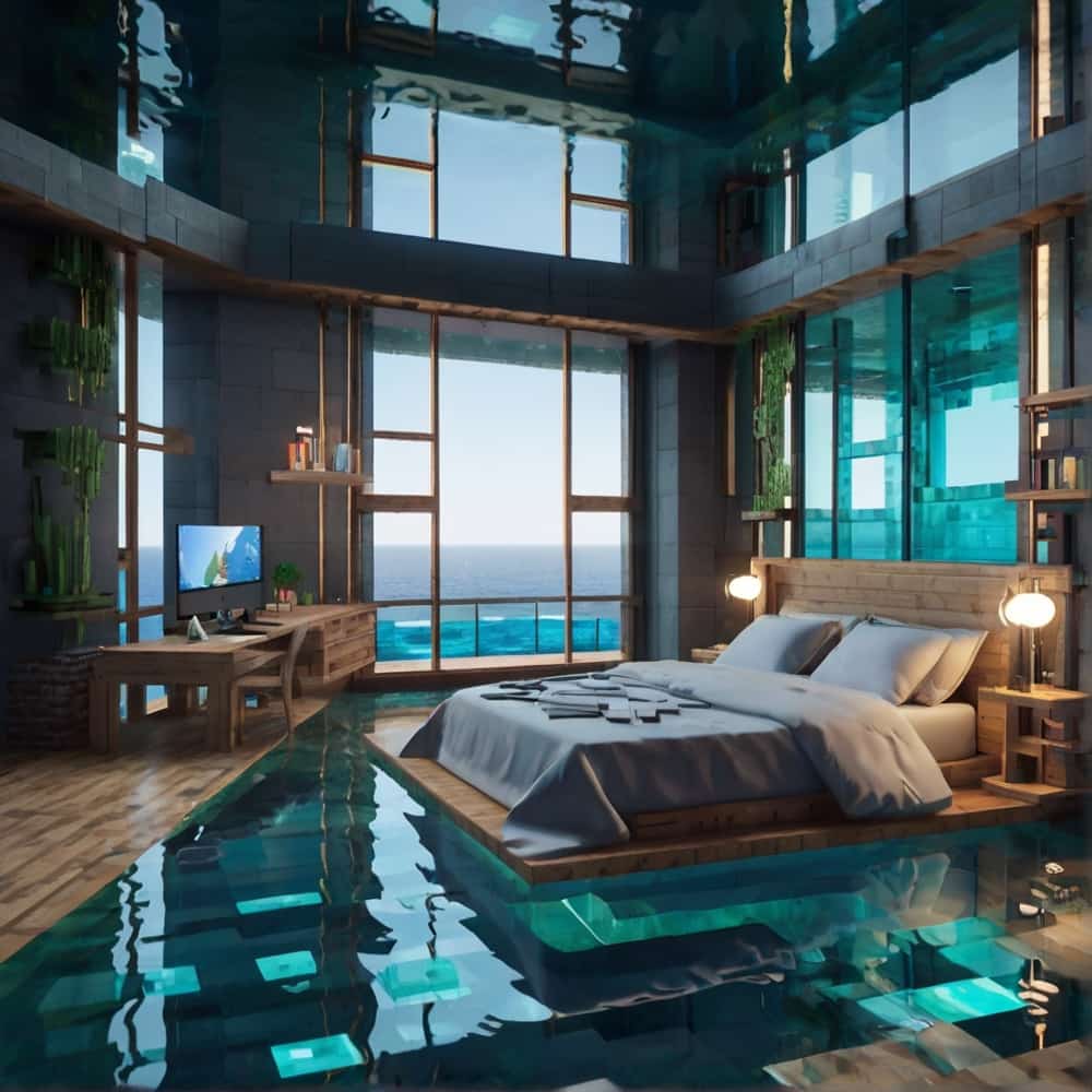 cute minecraft bedroom with transparent walls to sleep surrounded by the ocean 1 