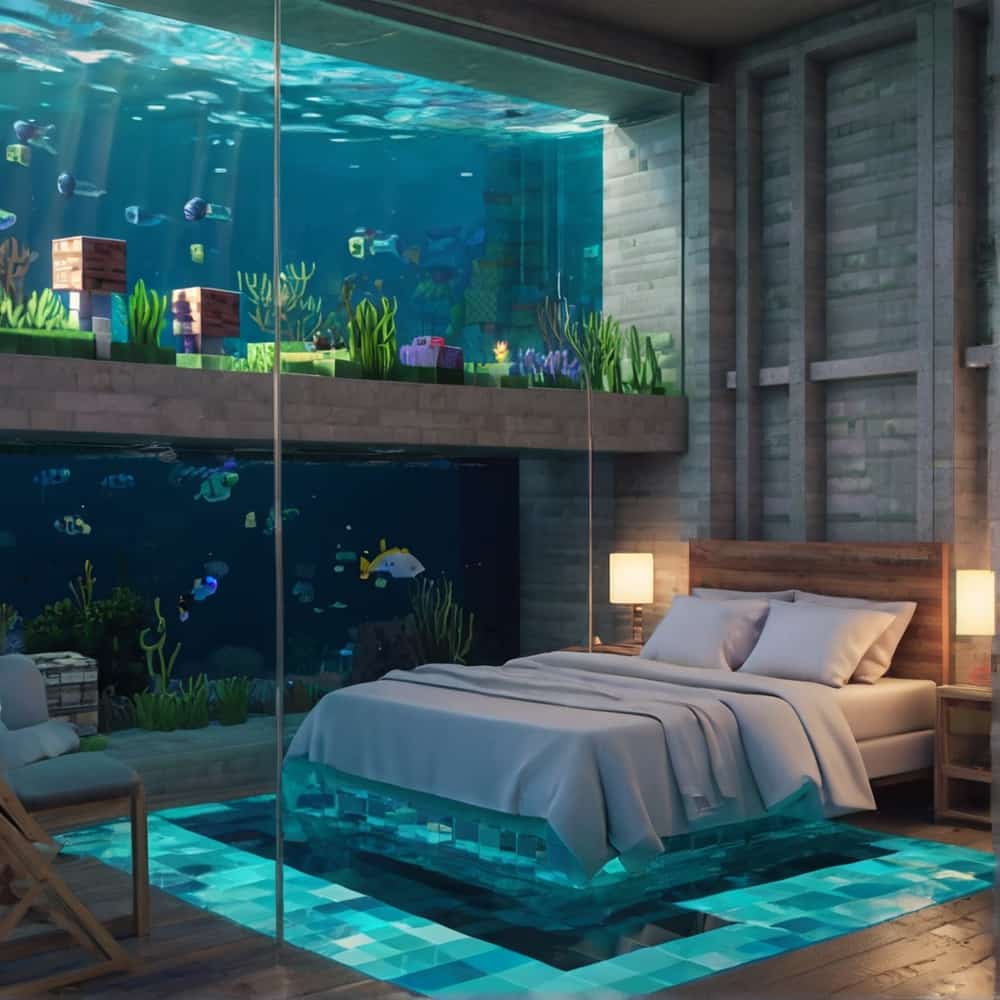 cute minecraft bedroom with transparent walls to sleep surrounded by the ocean 2 