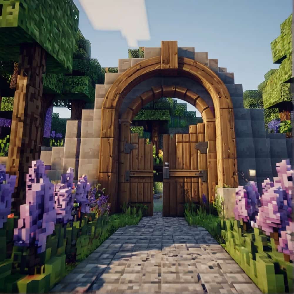     cute minecraft garden entrance in a pair cobblestone with rows of fragrant lavender leading to a quaint wooden gate 1 