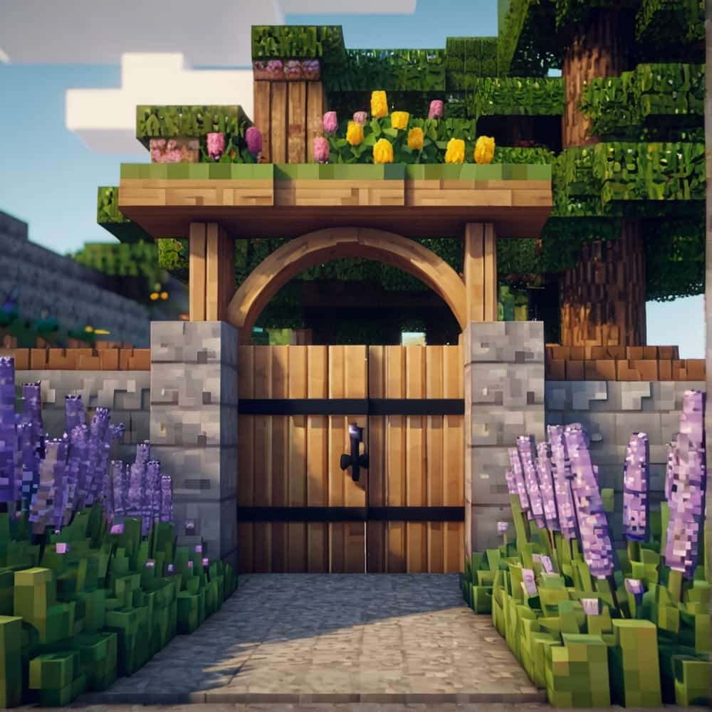     cute minecraft garden entrance in a pair cobblestone with rows of fragrant lavender leading to a quaint wooden gate 2 