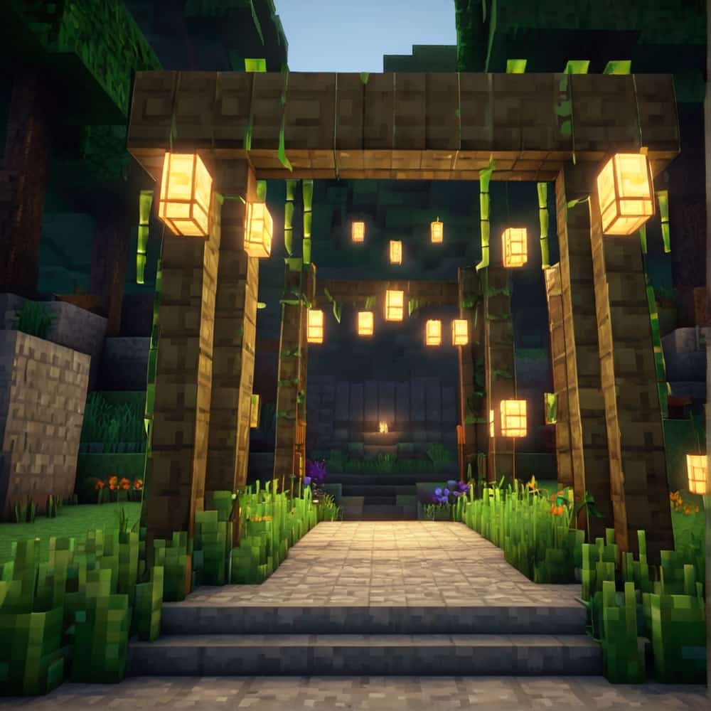 cute minecraft garden entrance using bamboo stalks to create a natural looking gate  