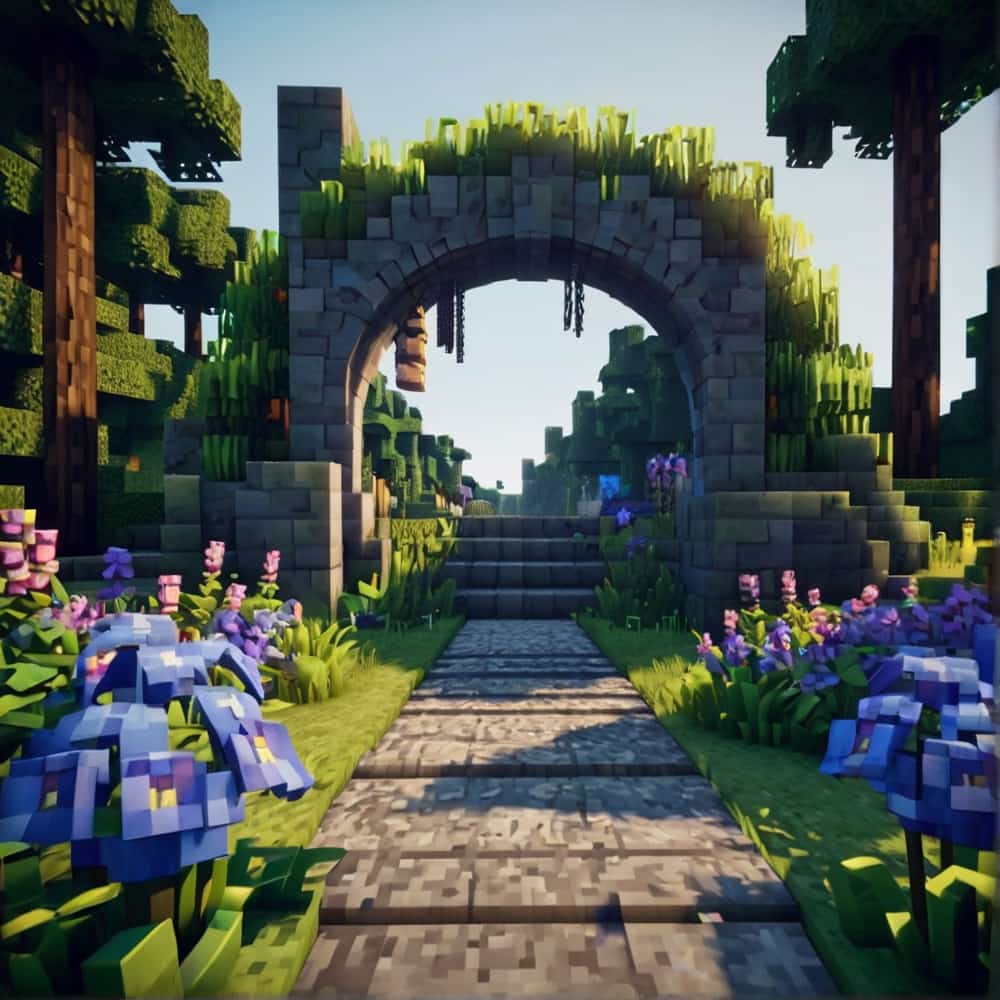 cute minecraft garden entrance with a circular stone gate reminiscent of ancient gardens 2 