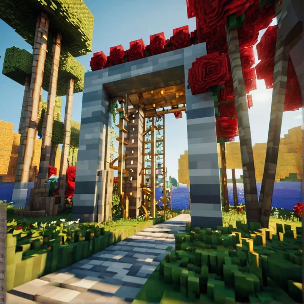 cute minecraft garden entrance with a luxurious entrance with gold blocks and iron bars 1 