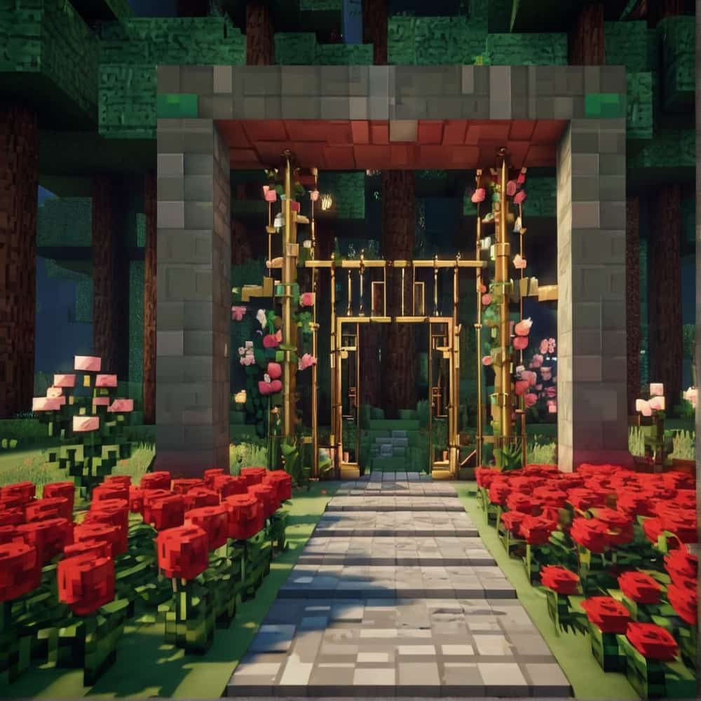 cute minecraft garden entrance with a luxurious entrance with gold blocks and iron bars 2