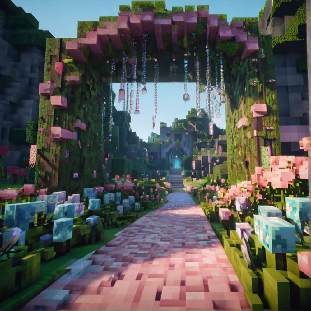 cute minecraft garden entrance with a sparkling path of light blue and pink glass 1 