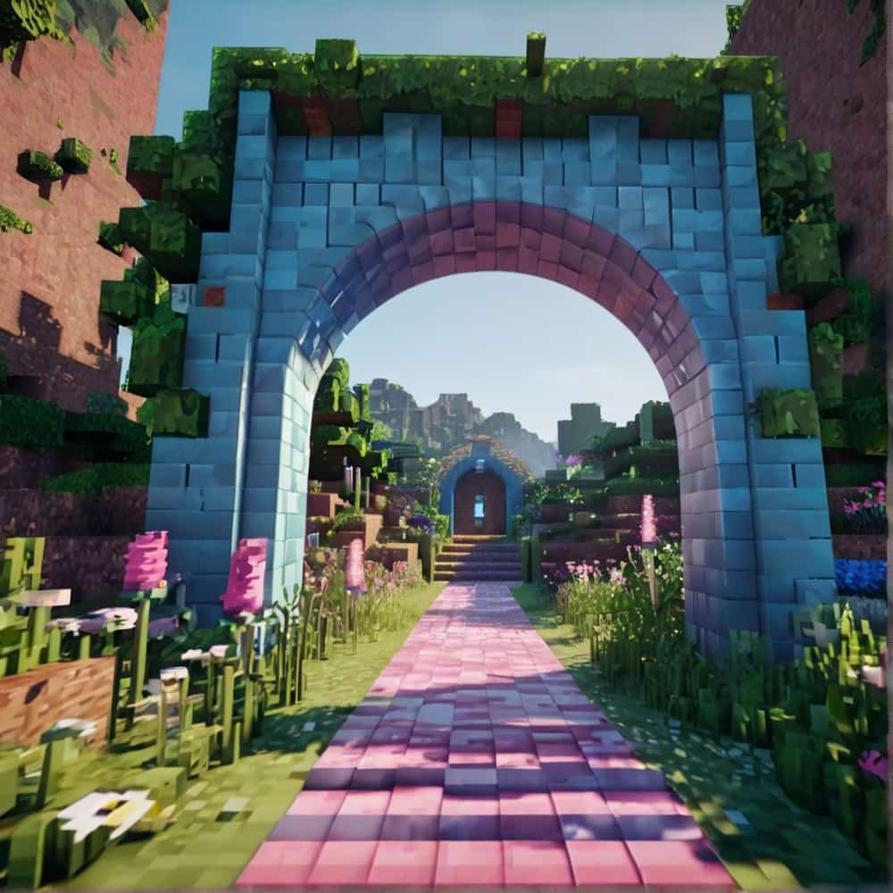 cute minecraft garden entrance with a sparkling path of light blue and pink glass 2 