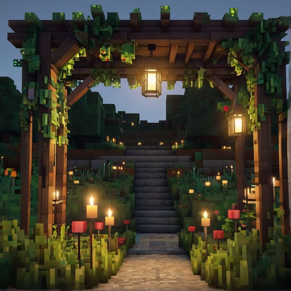 cute minecraft garden entrance with a wooden pergola 1 