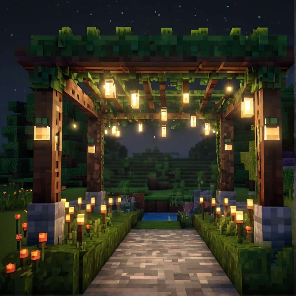 cute minecraft garden entrance with a wooden pergola 2 