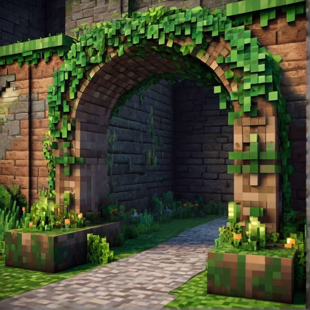 cute minecraft garden entrance with an arch from mossy cobblestone and allow ivy to climb over it 1 