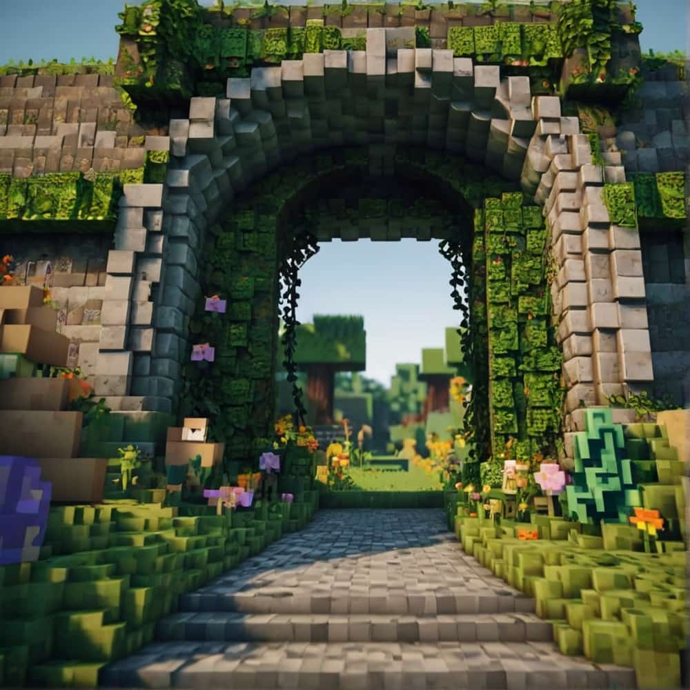 cute minecraft garden entrance with an arch from mossy cobblestone and allow ivy to climb over it 2 