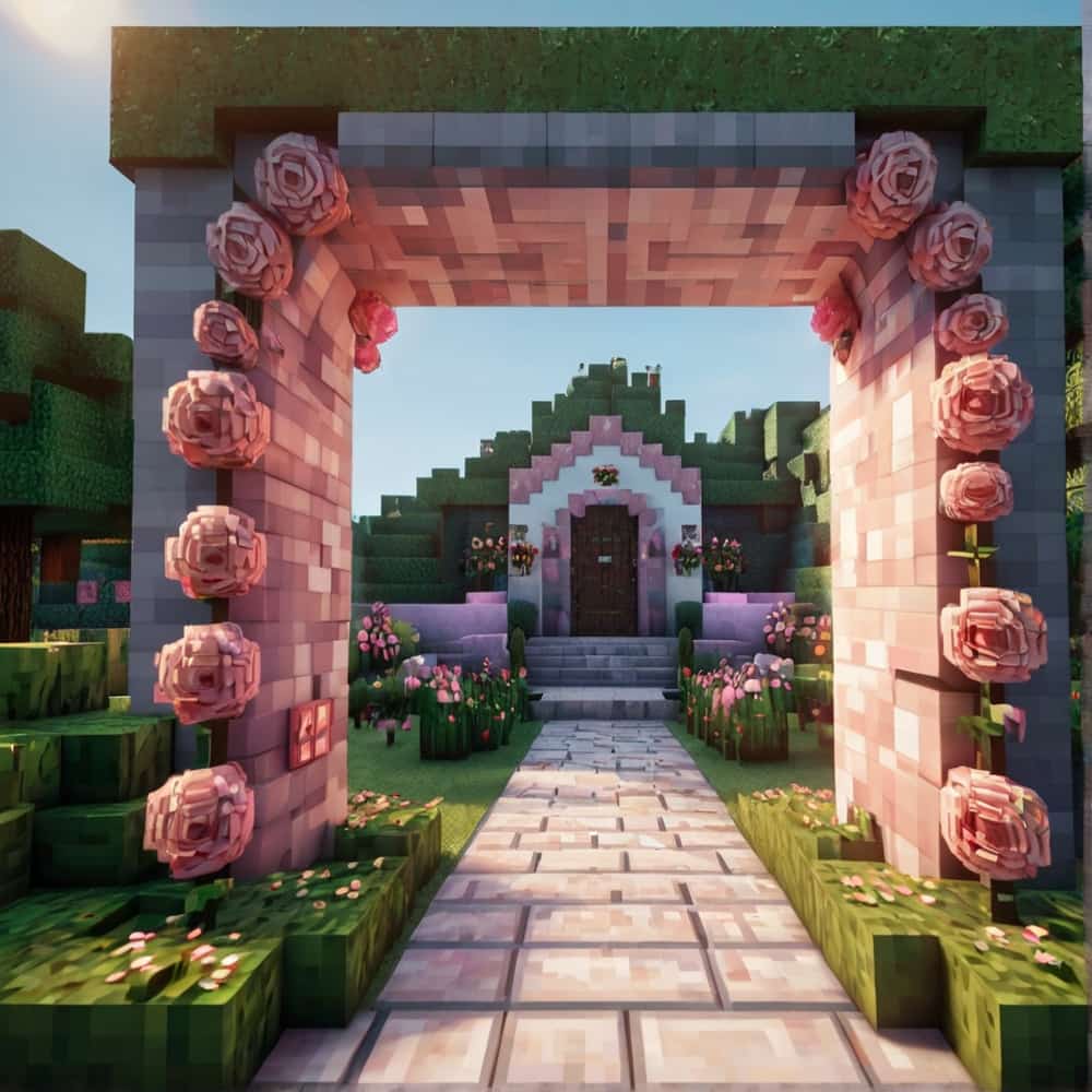 cute minecraft garden entrance with an arch using white and pink wool 1 