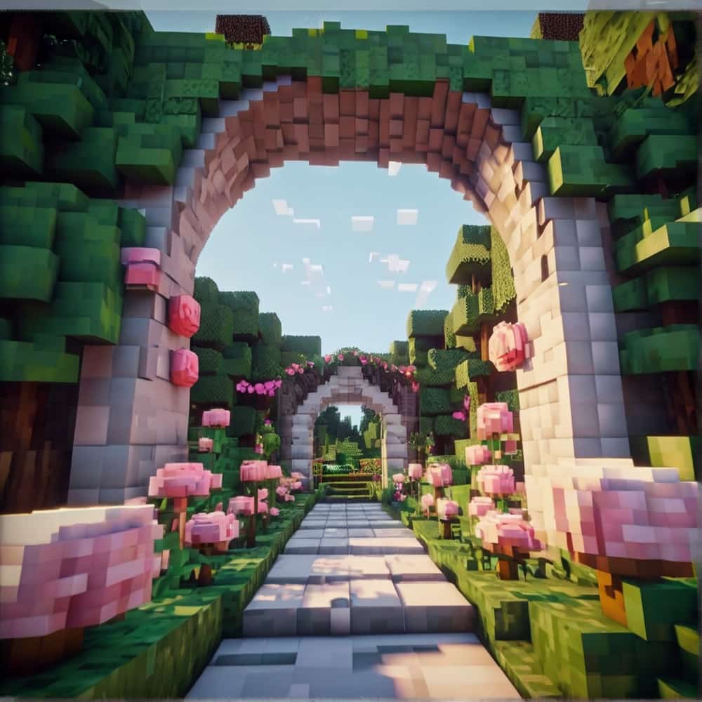 cute minecraft garden entrance with an arch using white and pink wool 2 