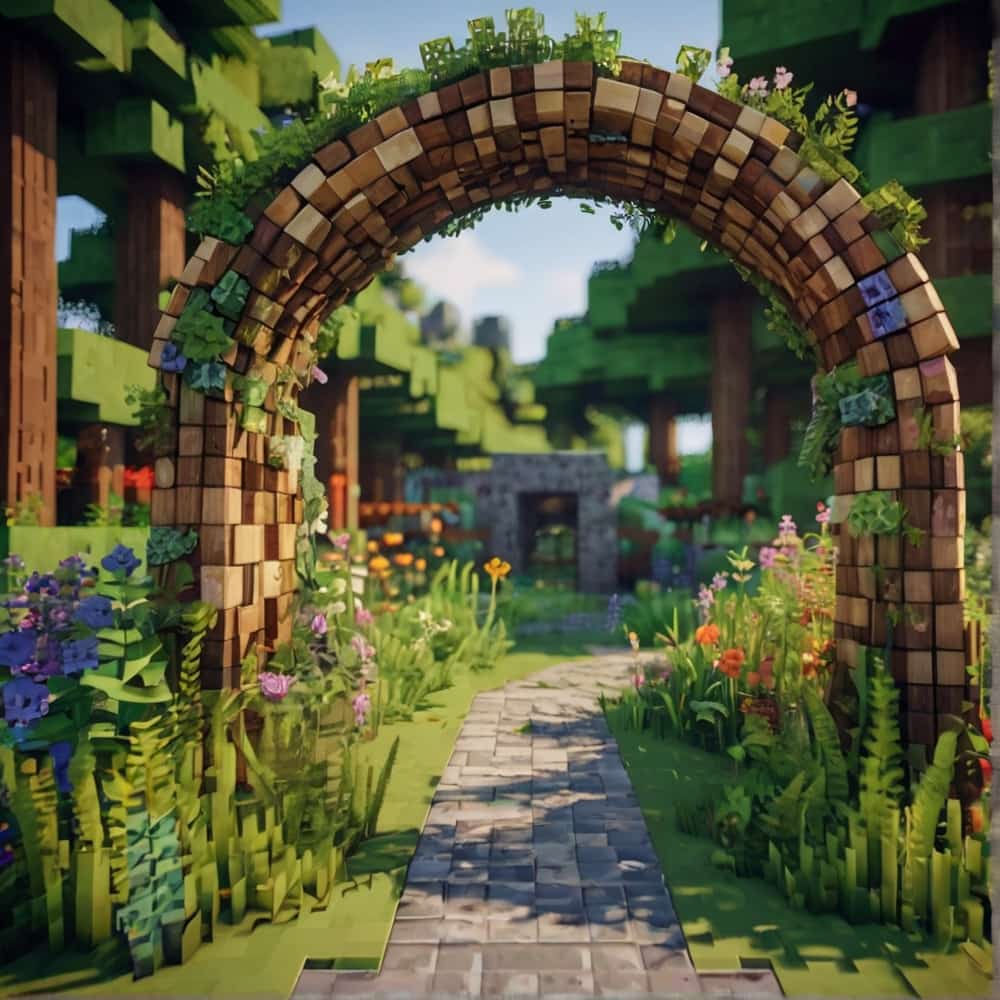 cute minecraft garden entrance with stripped logs to form an arch 1 