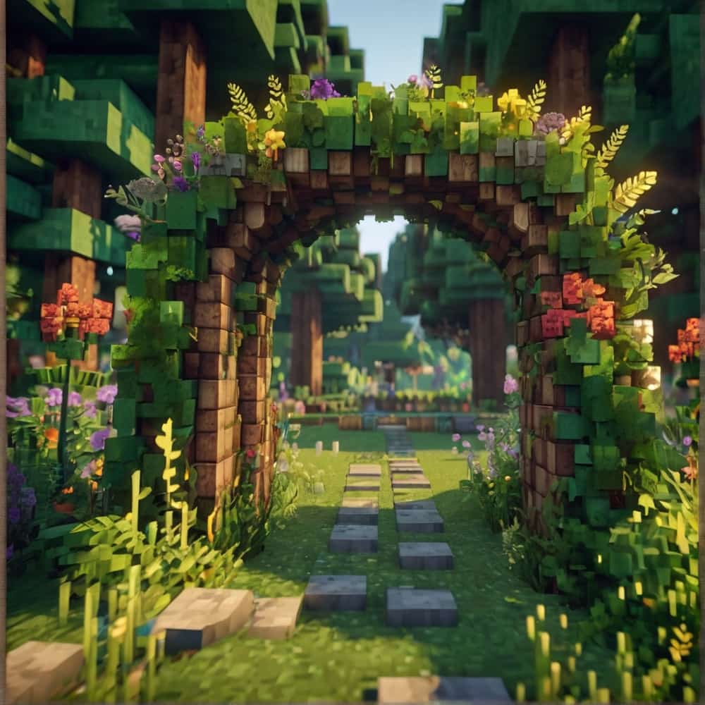 cute minecraft garden entrance with stripped logs to form an arch 2 