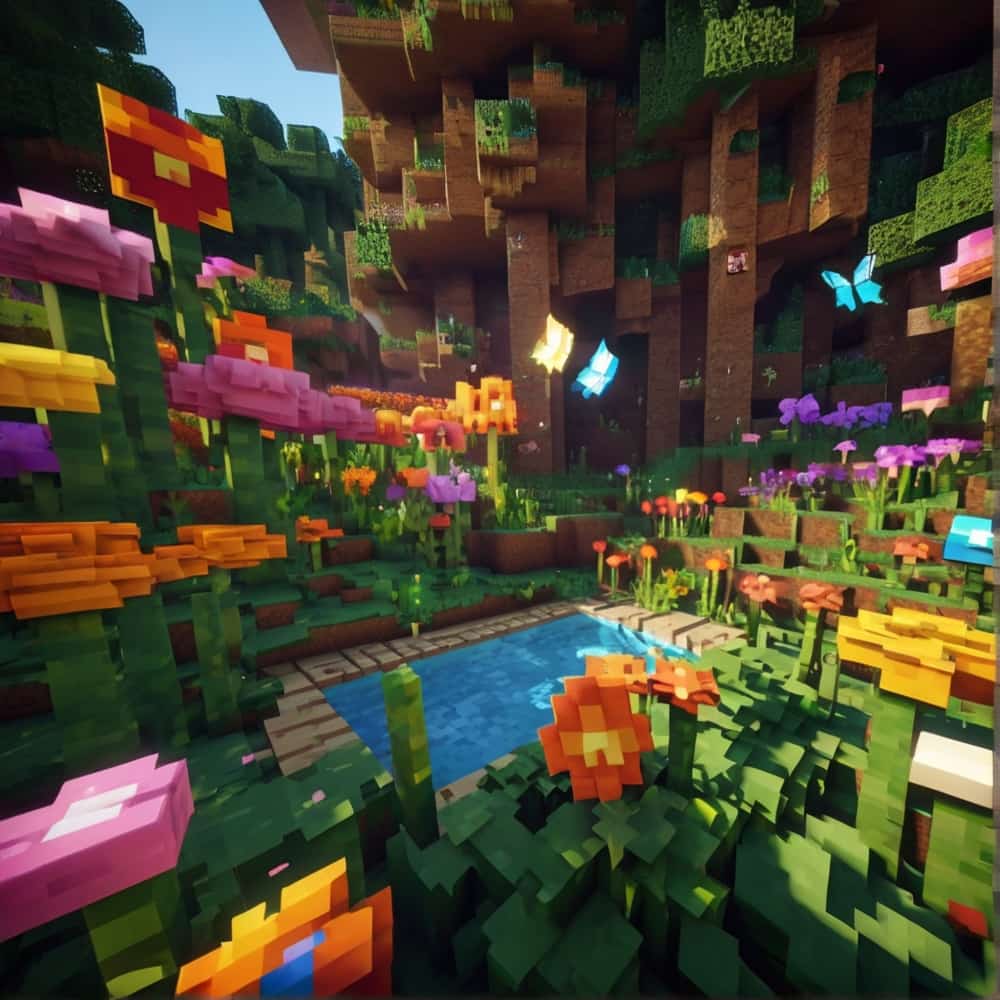 cute minecraft garden filled with colorful flowers and leaves that attract pixelated butterflies 1 