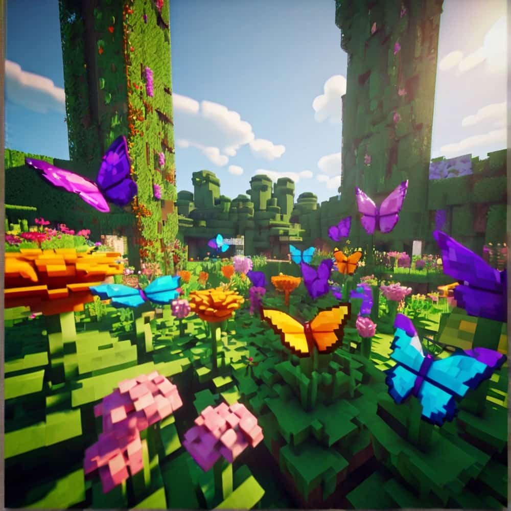     cute minecraft garden filled with colorful flowers and leaves that attract pixelated butterflies 2 