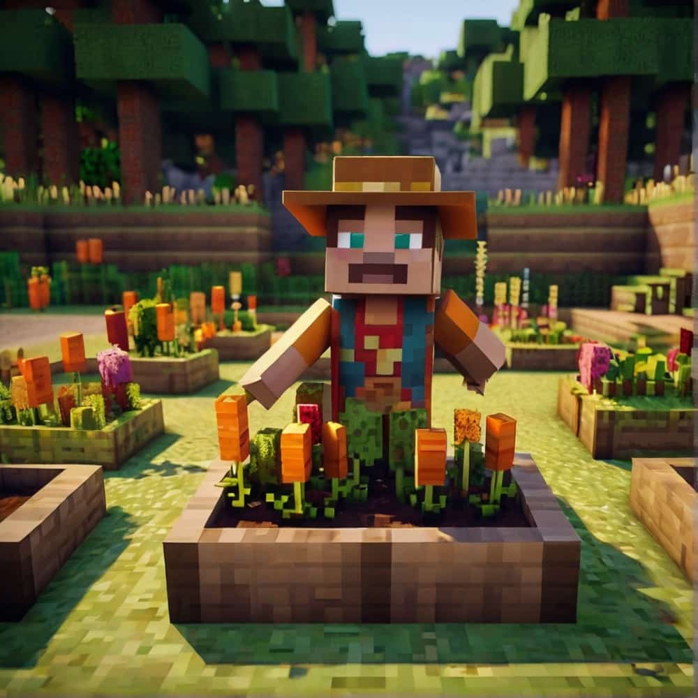 cute minecraft garden with a grid of raised beds planting carrots potatoes beetroots 1