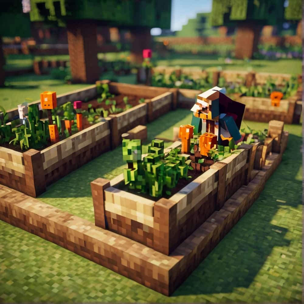 cute minecraft garden with a grid of raised beds planting carrots potatoes beetroots 2