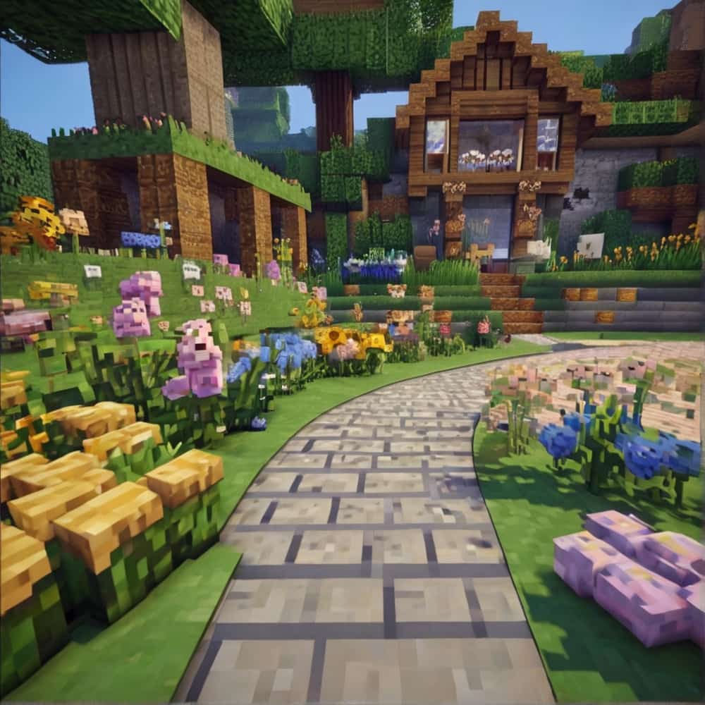         cute minecraft garden with a mix of wildflowers and soft hued blooms alongside winding cobblestone paths for a dreamy laid back vibe 1 