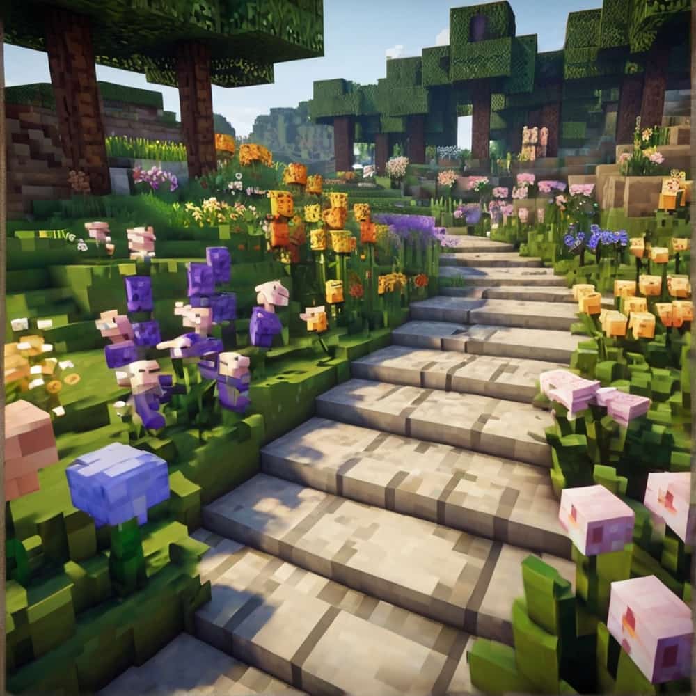         cute minecraft garden with a mix of wildflowers and soft hued blooms alongside winding cobblestone paths for a dreamy laid back vibe 2