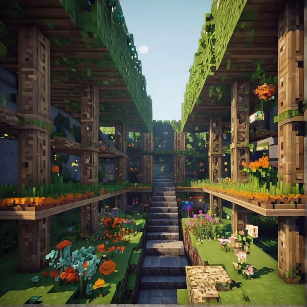 cute minecraft garden with a series of elevated platform 3 