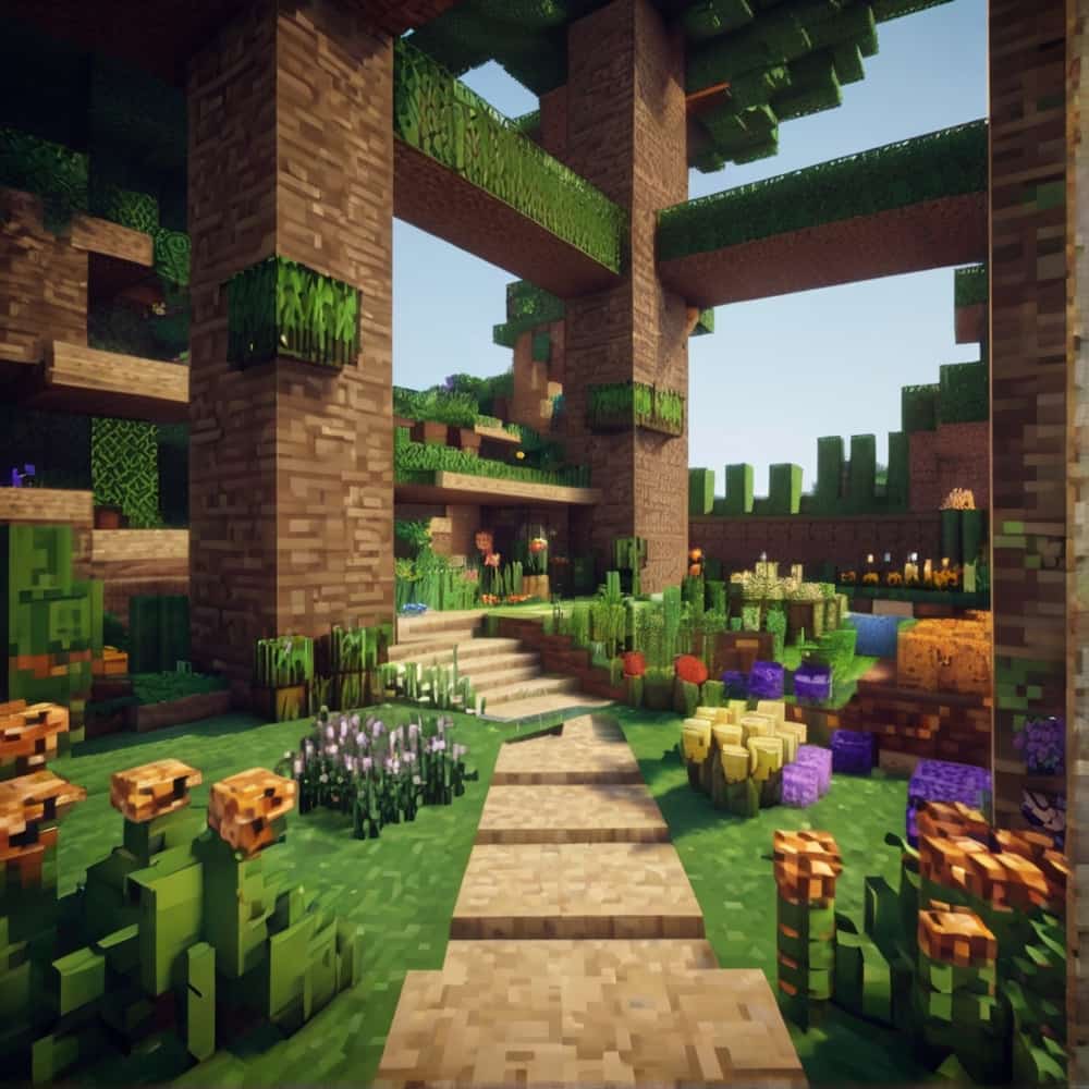 cute minecraft garden with a spiral tower filled with every type of herb 1