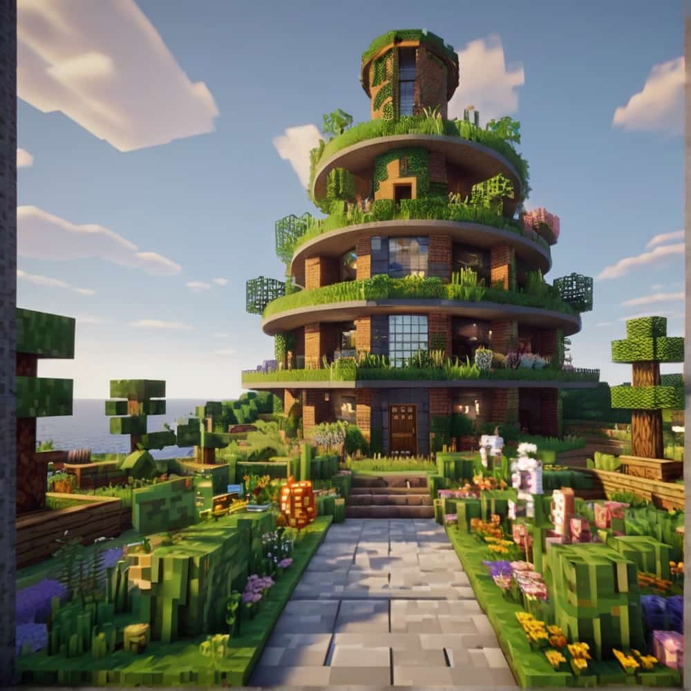 cute minecraft garden with a spiral tower filled with every type of herb 2 