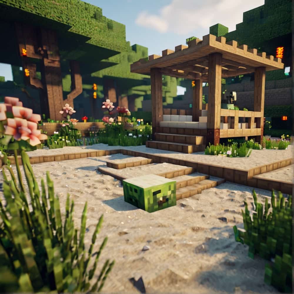 cute minecraft garden with a zen garden featuring fine sand smooth stones and minimalistic bamboo plants 1 