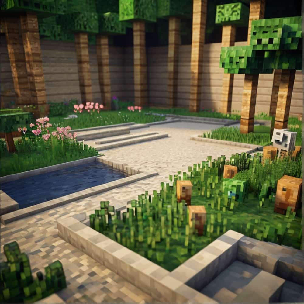 cute minecraft garden with a zen garden featuring fine sand smooth stones and minimalistic bamboo plants 2 