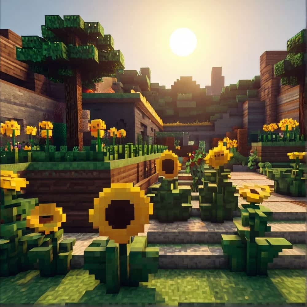 cute minecraft garden with an area to towering sunflowers that turn to face the rising sun 2