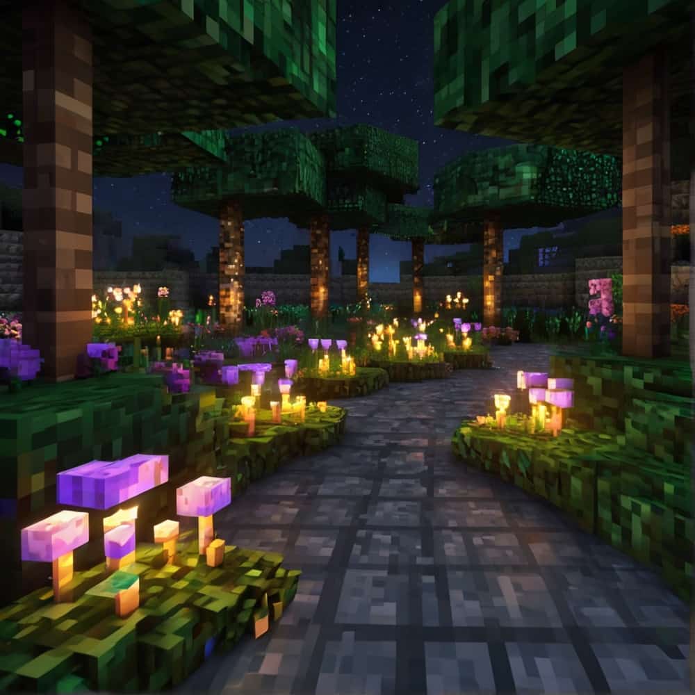     cute minecraft garden with hang glowstone wrapped in vines above a garden of wildflowers 1 