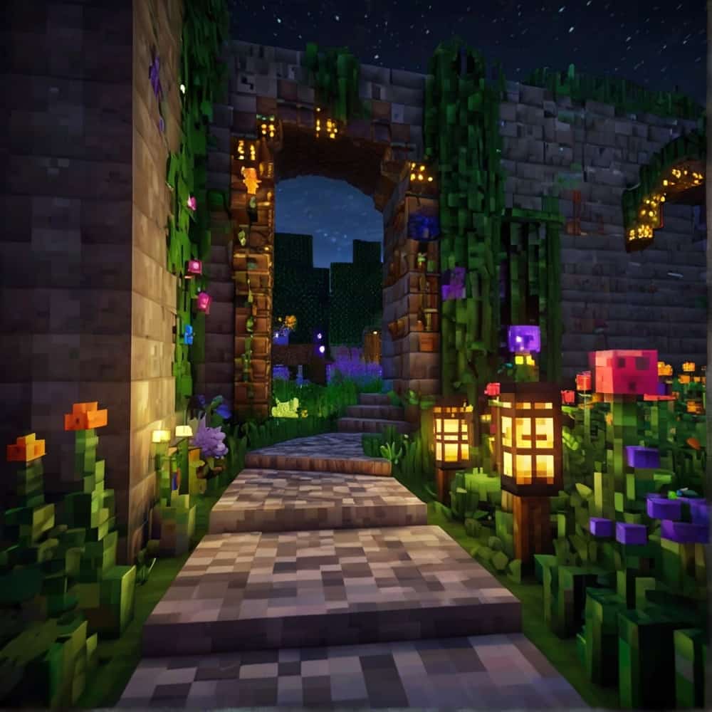     cute minecraft garden with hang glowstone wrapped in vines above a garden of wildflowers 2 