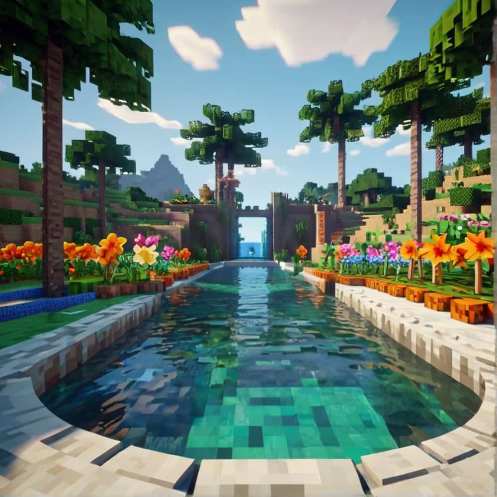 cute minecraft garden with lush green palms and vibrant tropical flowers 1