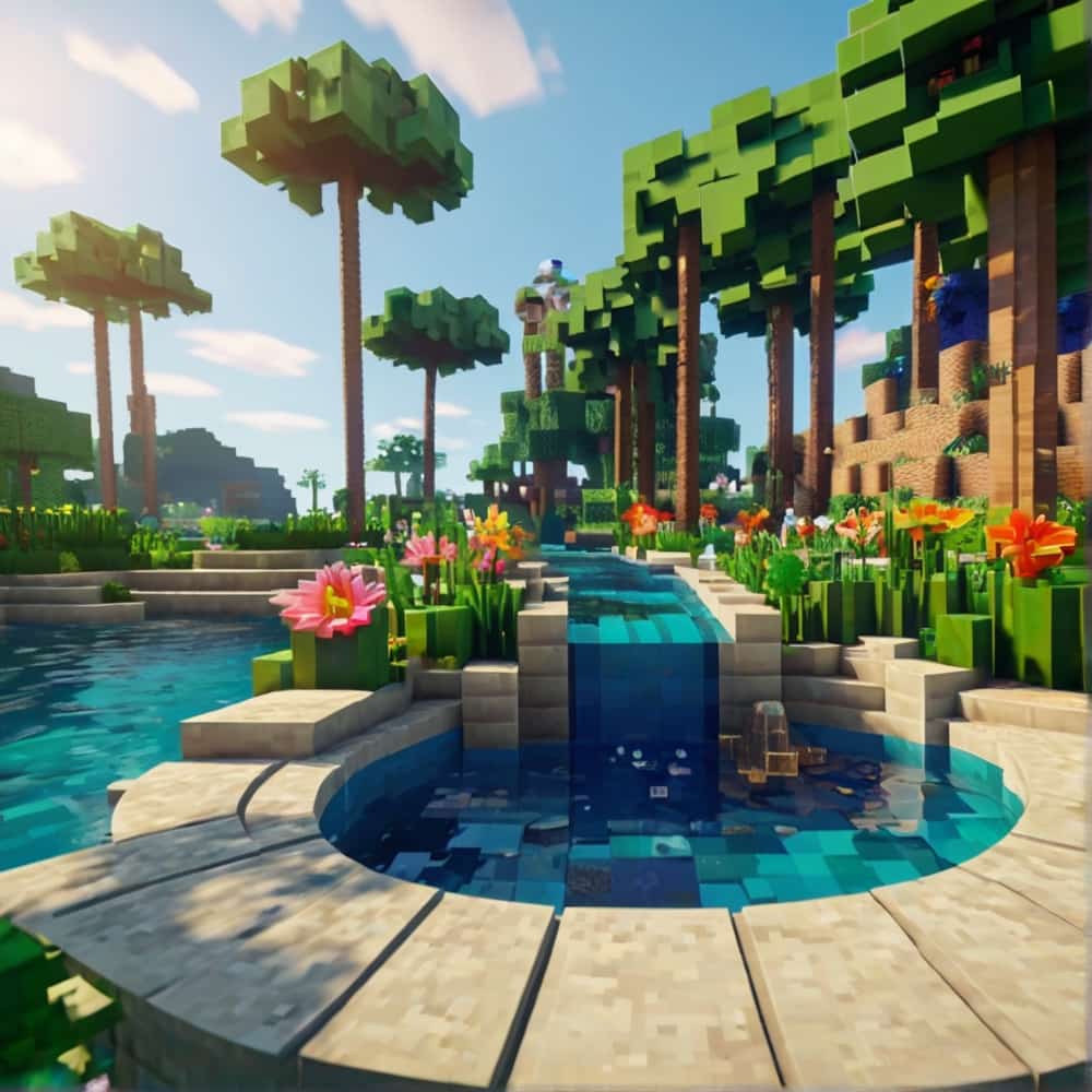 cute minecraft garden with lush green palms and vibrant tropical flowers 2