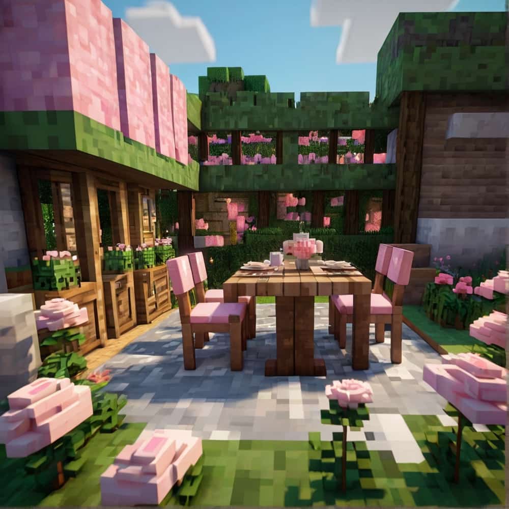     cute minecraft garden with pink and white peonies complete with a tiny table and chairs 2 